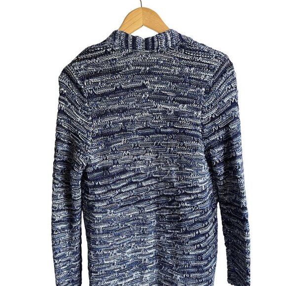 Chico's Spacedye Fringe Anniston Cardigan Size 1/ M Blue White Knit Open Tassel - Picture 5 of 9